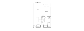 A floor plan of an apartment with a living room, kitchen, bathroom, and two bedrooms.