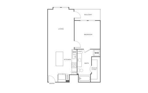 A floor plan of an apartment with a living room, kitchen, bathroom, and two bedrooms.
