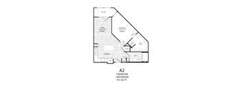 A 2 floor plan with 1 bedroom and 1 bathroom.