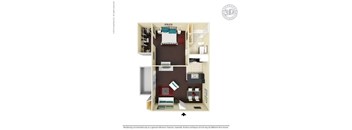 A 3D floor plan of a small apartment with a bedroom, living room, and kitchen.