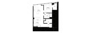 A black and white floor plan of a house with a living room, kitchen, bathroom, and bedroom.