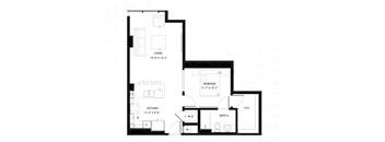 A black and white image of a house floor plan with a living room, kitchen, bedroom, and cloakroom.