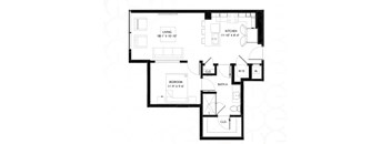 A black and white image of a house floor plan with a living room, kitchen, bedroom, and bathroom.
