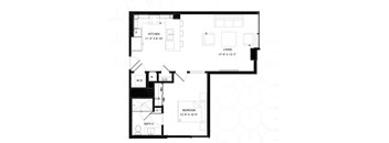 A black and white image of a floor plan for a small apartment.