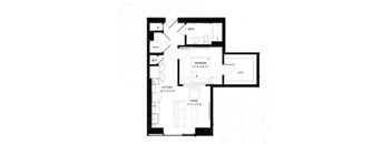 A black and white image of a floor plan for a small apartment.