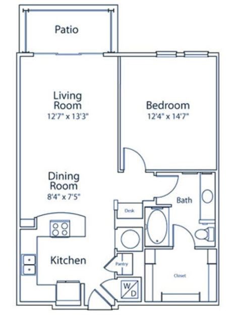 A floor plan of a house with a living room, dining room, kitchen, bedroom, bathroom, and patio.