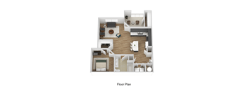 A floor plan of a house with a kitchen, living room, and two bedrooms.