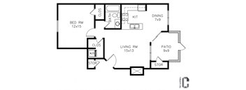 1 bed, 1 bath, 711 sq. ft. From the entry door, the living room is straight ahead, leading to a patio with outdoor storage. To the left of the living room is a closet and the bedroom. To the right of the living room is the kitchen and dining area, with the bathroom located between the kitchen and the bedroom