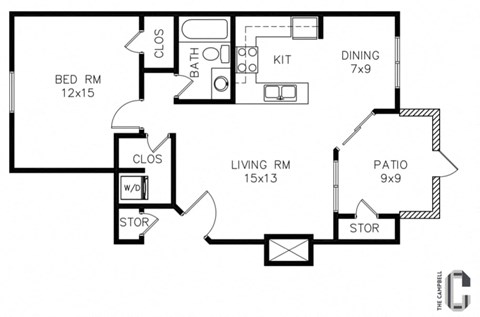 1 bed, 1 bath, 711 sq. ft. From the entry door, the living room is straight ahead, leading to a patio with outdoor storage. To the left of the living room is a closet and the bedroom. To the right of the living room is the kitchen and dining area, with the bathroom located between the kitchen and the bedroom