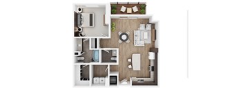 A top-down view of a well-organized apartment with a kitchen, living room, and bathroom.