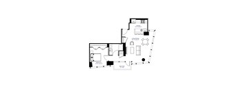 A floor plan of a small apartment with a living room, dining room, kitchen, and two bedrooms.