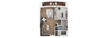 A top-down view of a house layout with a kitchen, living room, and bathroom.