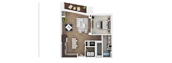 A floor plan of a room with a bar, a kitchen, a living room, a bathroom, and a bed.