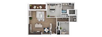 A top-down view of a house layout with a bar, living room, dining area, kitchen, and bathroom.