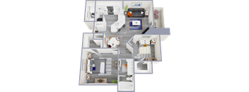 a 3d rendered floor plan of a two bedroom apartment