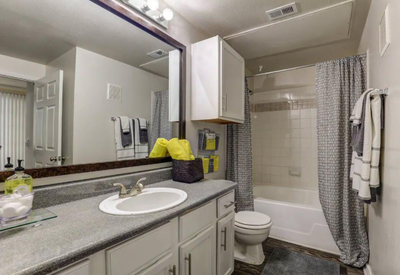 a bathroom with a sink toilet and shower
