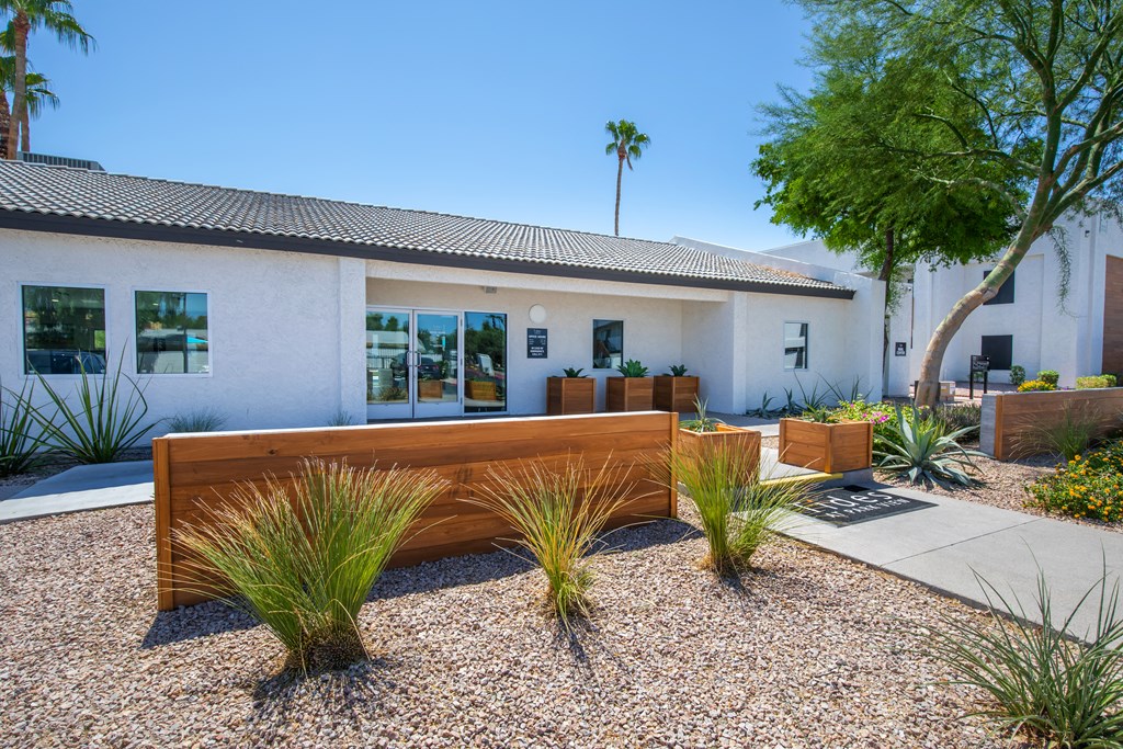 a large wooden bench sits in the front yard of a white building with palm trees in the