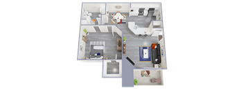 a top down view of a bedroom and living room