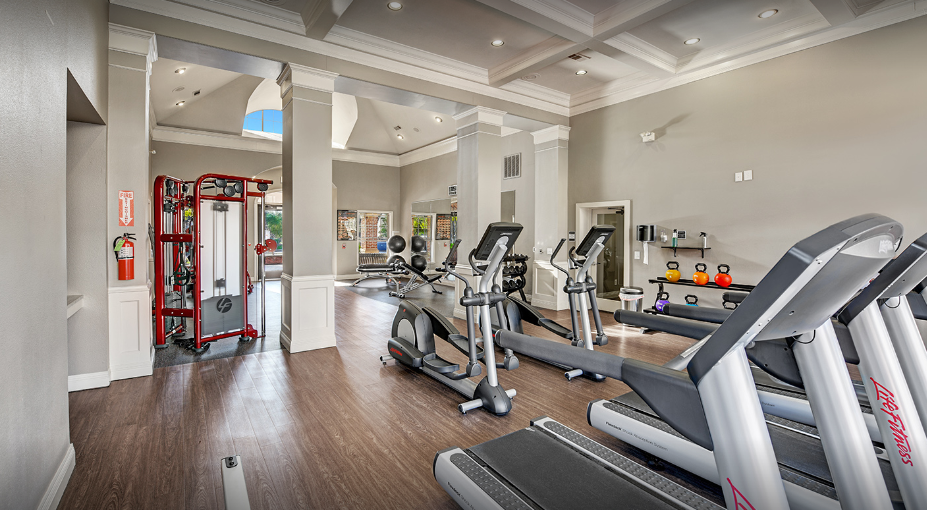 a gym with treadmills and other exercise equipment