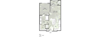 A floor plan of a home with a bedroom, bathroom, kitchen, dining area, and living room.