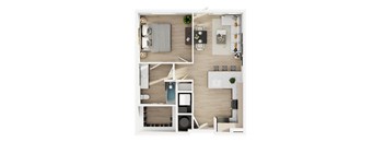 A top-down view of a modern apartment layout.