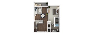 A top-down view of a small apartment with a kitchen, living room, and bedroom.