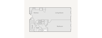A floor plan of a small apartment with a kitchen, living room, bedroom, and bathroom.