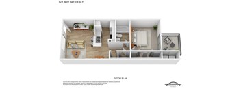 A floor plan of a one bedroom apartment with a bathroom and a living room.
