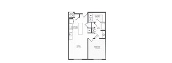 A floor plan of a small apartment with a living room, bedroom, kitchen, bathroom, and closet.