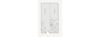 A floor plan of a small apartment with a living room, kitchen, and bathroom.