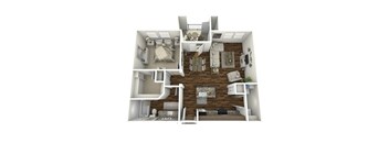 A 3D floor plan of a small apartment with a kitchen, living room, and bedroom.