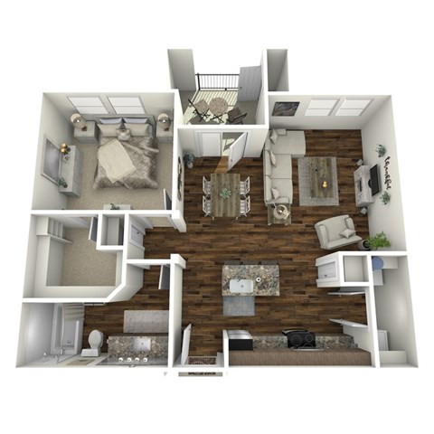 A 3D floor plan of a small apartment with a kitchen, living room, and bedroom.