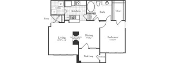 A floor plan of a small apartment with a living room, kitchen, dining room, bedroom, and bathroom.