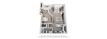 A 3D floor plan of a house with a kitchen, living room, and bathroom.