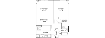 A floor plan of a house with a living room, dining room, kitchen, bedroom, walk-in closet, and bathroom.