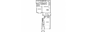 A floor plan of a house with a living room, dining room, kitchen, bedroom, and garage.