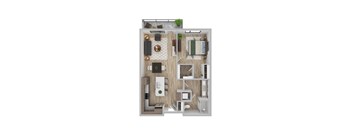 A top-down view of a modern apartment layout with a kitchen, living room, and bedroom.