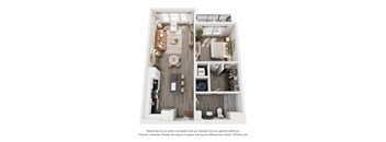 A 3D floor plan of a small apartment with a kitchen, living room, and bathroom.