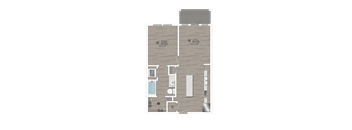 A floor plan of a room with a kitchen, living room, and bathroom.
