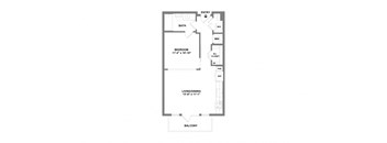 A floor plan of a small apartment with a bedroom, living room, and bathroom.