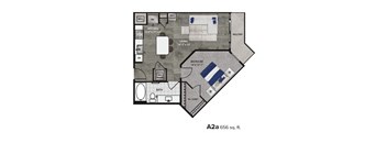 A floor plan of an apartment with a living room, kitchen, bathroom, and bedroom.