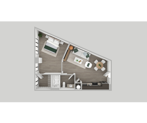 A top-down view of a house layout with a kitchen, living room, and two bedrooms.