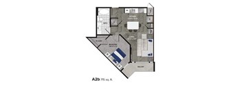 A 2 bedroom apartment is 715 square feet.