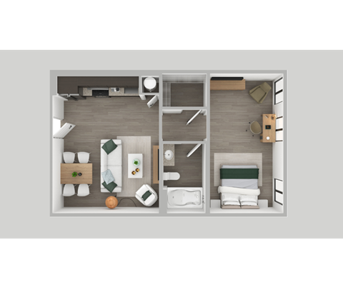 A top-down view of a small, neatly organized apartment with a bedroom, living room, and kitchen area.