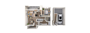 A 3D floor plan of a small apartment with a kitchen, living room, and bedroom.