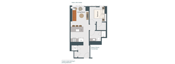 A diagram of a house layout with a living room, bedrooms, and a kitchen.