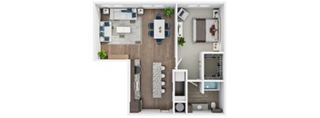 A top-down view of a modern apartment layout with a living room, dining area, kitchen, and bedroom.