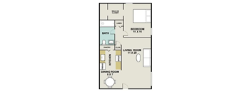 A floor plan of a small apartment with a living room, dining room, kitchen, bathroom, and bedroom.