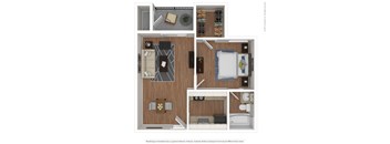 a 3d rendering of a hotel room with different floor plans