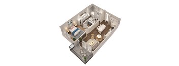 A 3D image of a small apartment with a bedroom, living room, and kitchen.